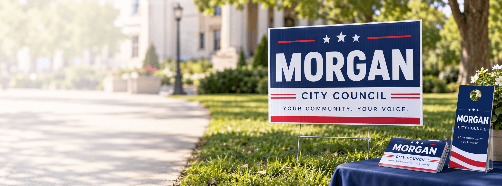 Custom printed political campaign yard sign, door hanger and direct mail postcards